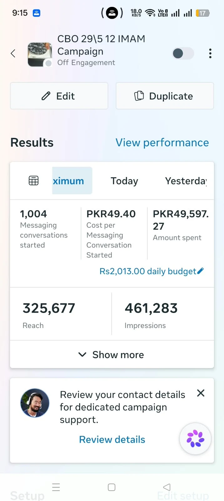 Meta Ads capture 02: 1,004 conversations, PKR 49.40 cost per result, 325,677 reach and 461,283 impressions