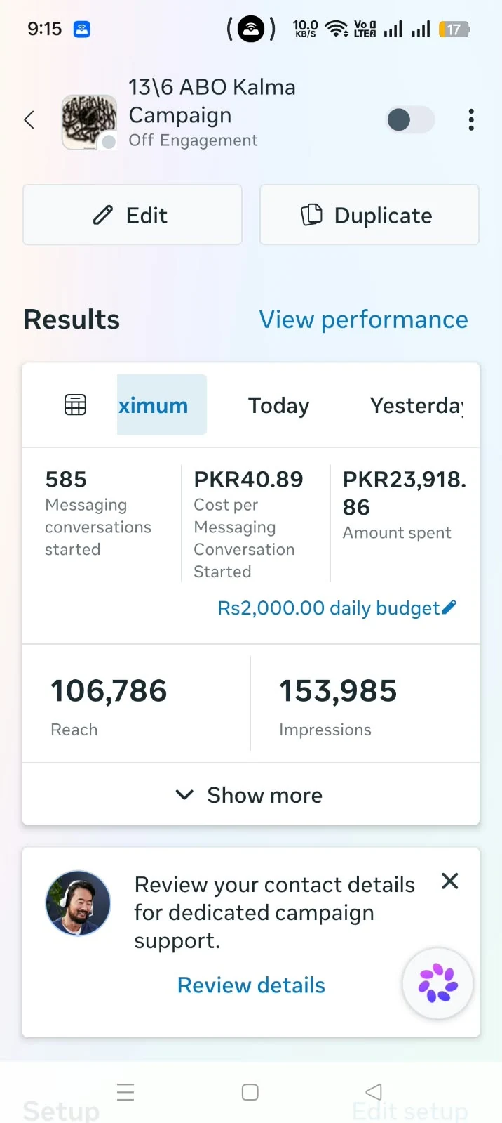 Meta Ads capture 03: 585 conversations, PKR 40.89 cost per result, 106,786 reach and 153,985 impressions