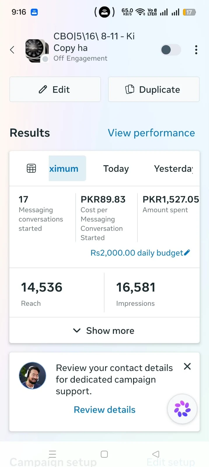 Meta Ads capture 04: 17 conversations, PKR 89.83 cost per result, 14,536 reach and 16,581 impressions