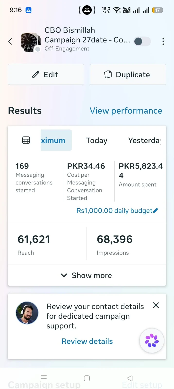 Meta Ads capture 06: 169 conversations, PKR 34.46 cost per result, 61,621 reach and 68,396 impressions