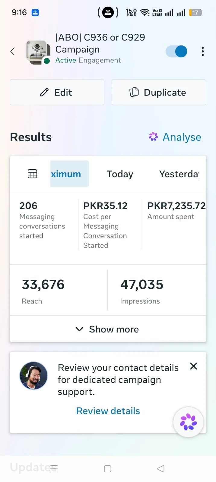 Meta Ads capture 07: 206 conversations, PKR 35.12 cost per result, 33,676 reach and 47,035 impressions