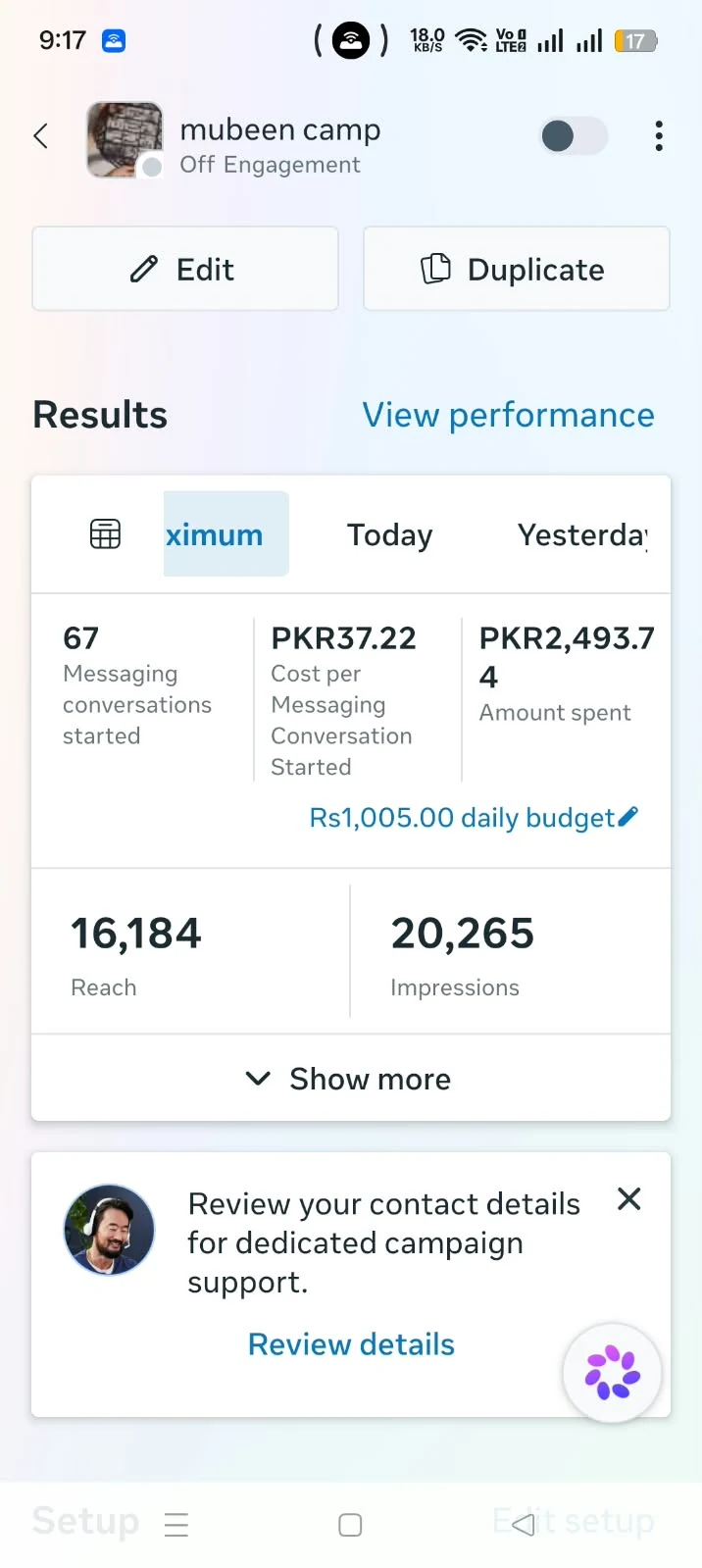 Meta Ads capture 08: 67 conversations, PKR 37.22 cost per result, 16,184 reach and 20,265 impressions