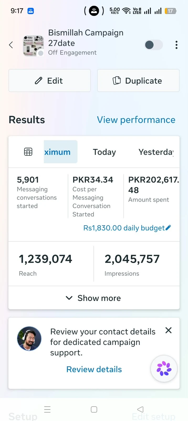 Meta Ads capture 11: 5,901 conversations, PKR 34.34 cost per result, 1,239,074 reach and 2,045,757 impressions